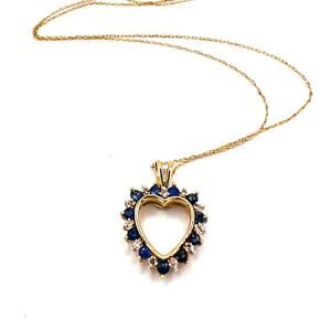 Vintage 10K Yellow Gold Sapphire Diamond Accent Heart Pendant Necklace